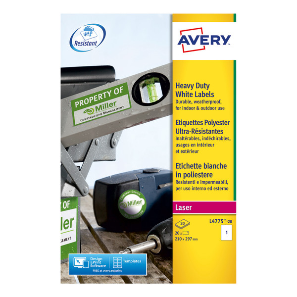 Avery Heavy Duty Labels Laser 1 per Sheet 210x297mm White Ref L4775-20 [20 Labels]