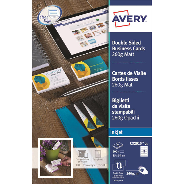 Avery Quick and Clean Business Cards Inkjet 260gsm 8 per Sheet Matt Coated Ref C32015-25 [200 Cards]