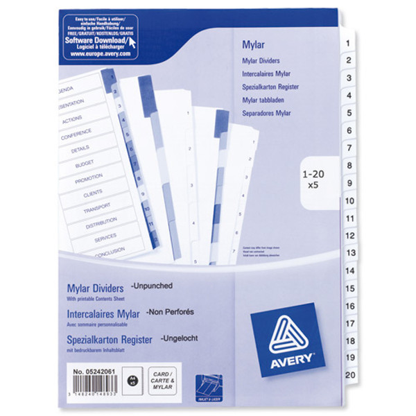 Avery Index Mylar 1-20 Unpunched Mylar-reinforced Tabs 150gsm A4 White Ref 05242061 [Pack 5]