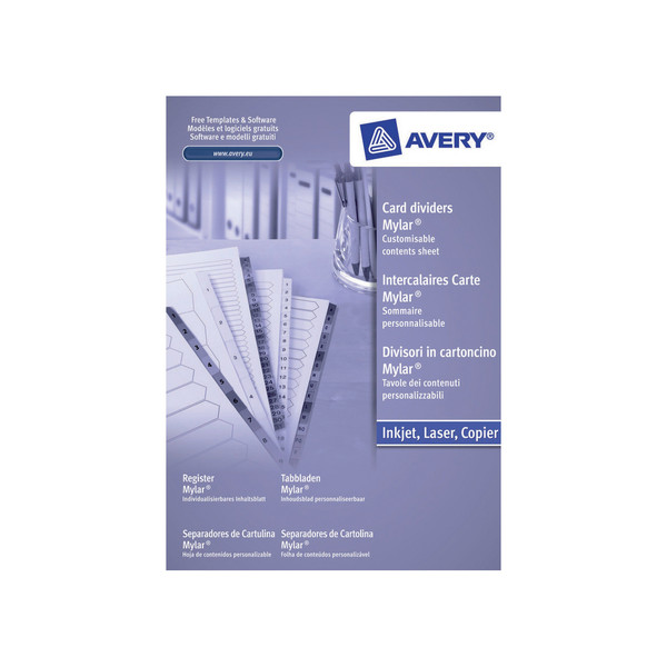 Avery Index Mylar 1-20 Punched Mylar-reinforced Tabs 150gsm A4 White Ref 05464061