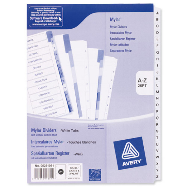 Avery Index Mylar A-Z 26-Part Punched Mylar-reinforced Tabs 150gsm A4 White Ref 05231061