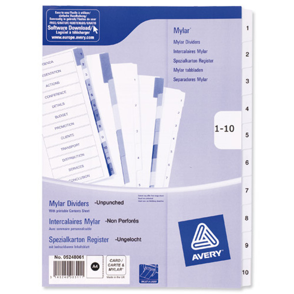 Avery Index Mylar 1-10 Unpunched Mylar-reinforced Tabs 150gsm A4 White Ref 05248061 [Pack 10]