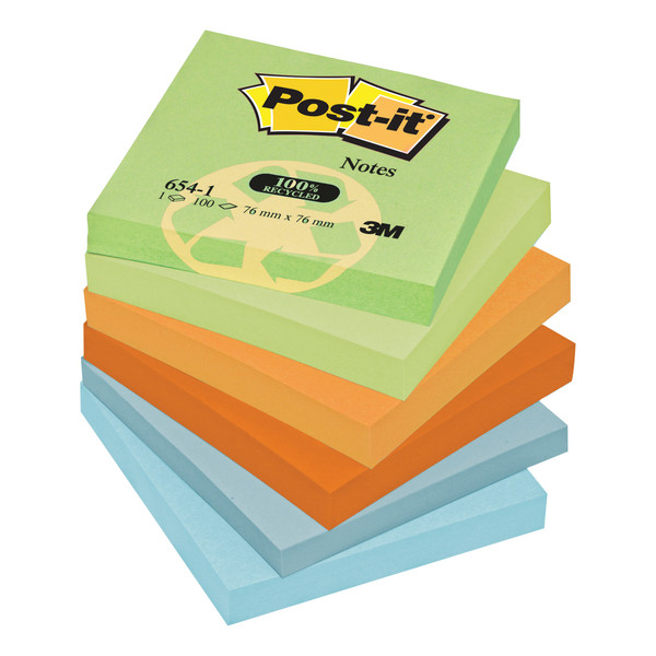 Post-it Notes Recycled 100 Sheets per Pad 76x76mm Pastel Rainbow Ref 6541RP [Pack 12]
