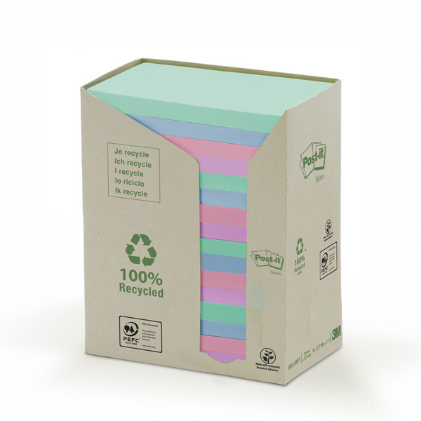 Post-it Notes Pad Recycled Tower Pack 76x127mm Pastel Rainbow Ref 655-1RPT [Pack 16]