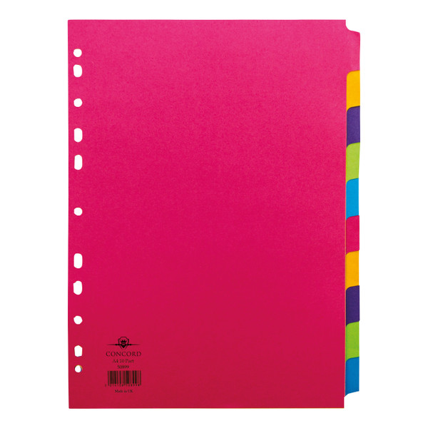 Concord Bright Subject Dividers 10-Part Card Multipunched 160gsm A4 Assorted Ref 50899