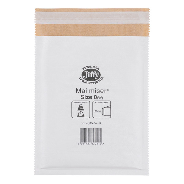 Jiffy Mailmiser Protective Envelopes Bubble-lined Size 0 P&S 140x195mm White Ref JMM-WH-0 [Pack 100]