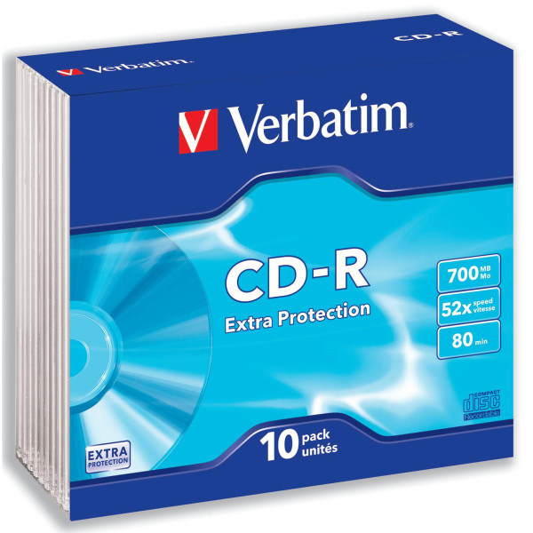 Verbatim CD-R Recordable Disk Slim Cased Write-once 52x Speed 80 Min 700Mb Ref 43415 [Pack 10]