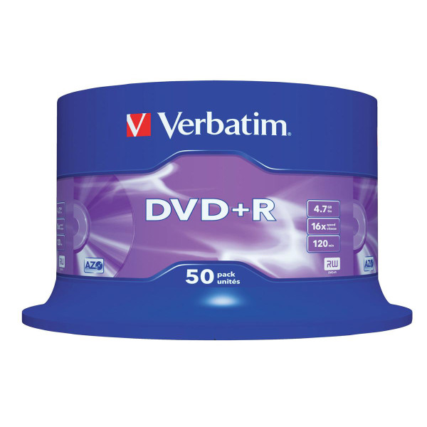 Verbatim DVD+R Recordable Disk Write-once Spindle 16x Speed 120min 4.7Gb Ref 43550 [Pack 50]