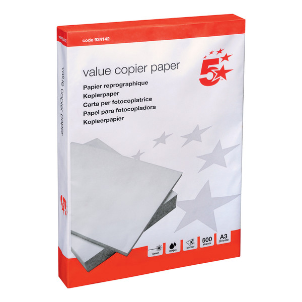 5 Star Value Copier Paper Multifunctional Ream-Wrapped 75gsm A3 White [500 Sheets]