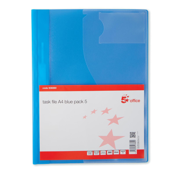 5 Star Office Document Folder Task File Semi-rigid Clear Pocket Front Cover A4 Blue [Pack 5]