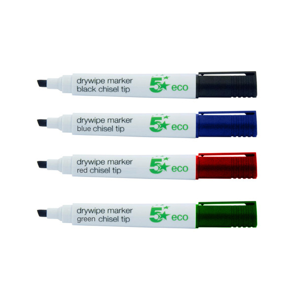 5 Star Eco Drywipe Marker Chlorine-free Chisel Tip 2-5mm Line Assorted [Pack 4]