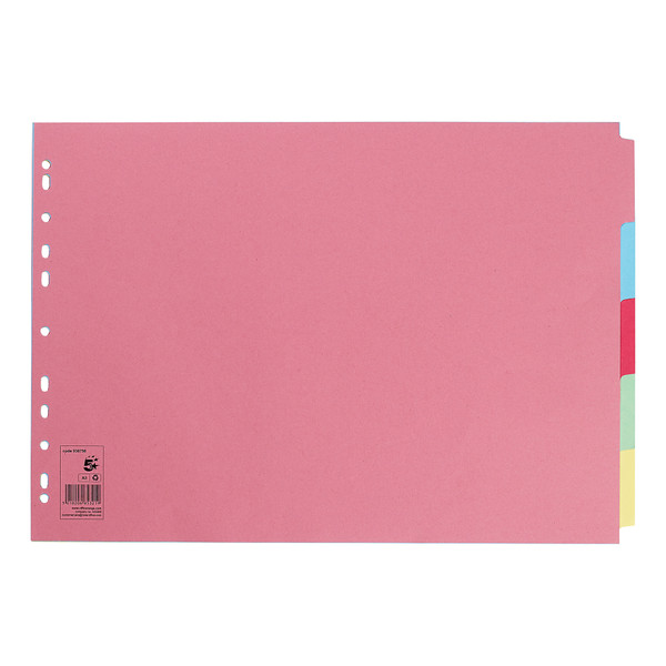 5 Star Office Subject Dividers 5-Part Recycled Card Multipunched 155gsm Landscape A3 Assorted