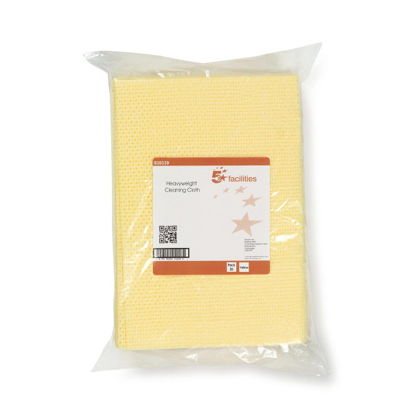 5 Star Facilities Cleaning Cloths Anti-microbial Heavy-duty 76gsm W500xL300mm Yellow [Pack 25]
