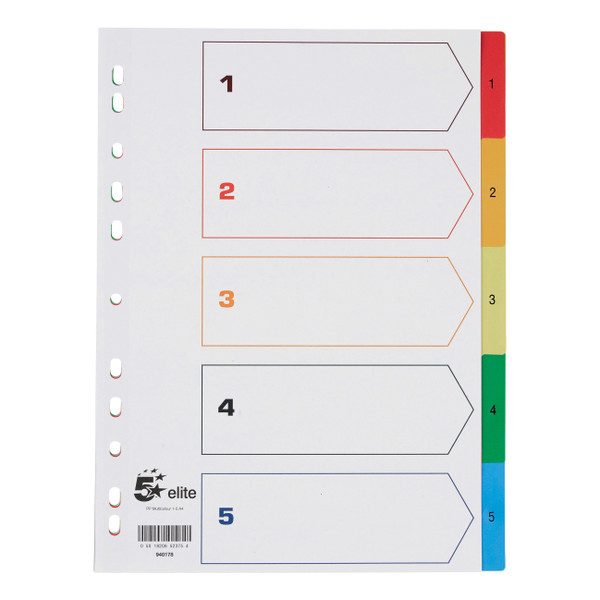 5 Star Elite Index 1-5 Polypropylene Multipunched Reinforced Multicolour-Tabs 120 Micron A4 White