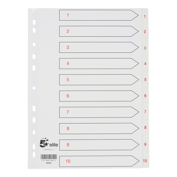 5 Star Elite Premium Index 1-10 Polypropylene Multipunched Reinforced Holes 120 Micron A4 White