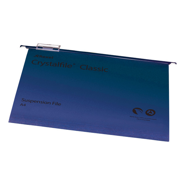 Rexel Crystalfile Classic Suspension File Manilla 15mm V-base 230gsm A4 Blue Ref 78160 [Pack 50]