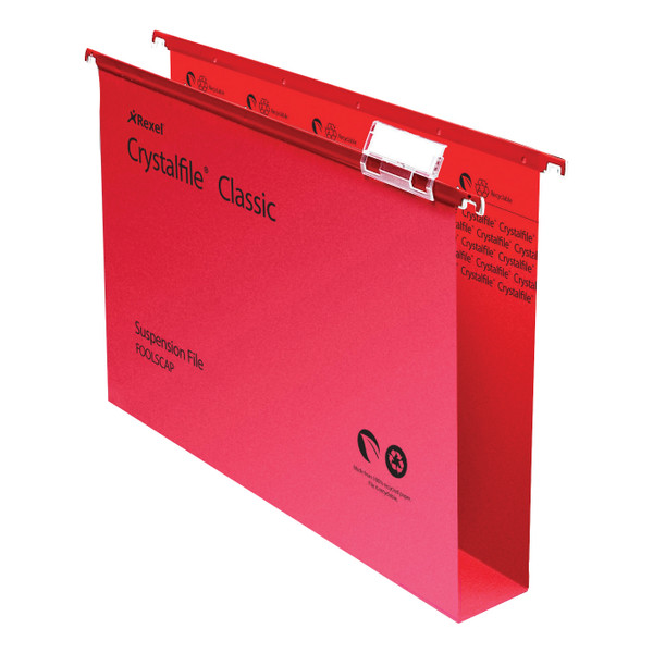 Rexel Crystalfile Classic Suspension File Manilla 50mm Wide-base 230gsm Foolscap Red Ref 71752 [Pack 50]