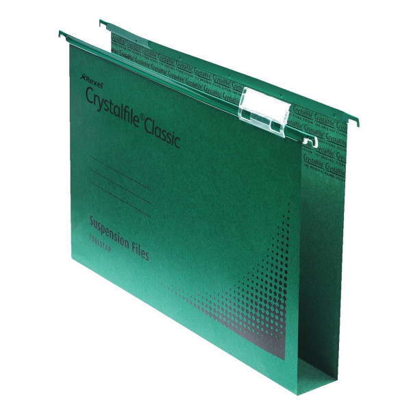 Rexel Crystalfile Classic Suspension File Manilla 30mm Wide-base230gsm Foolscap Green Ref 78041 [Pack 50]
