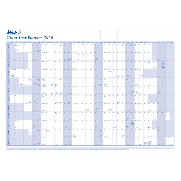 Mark-it 2020 Giant Year Planner Unmounted Landscape with Accessory Kit 1165x820mm Blue/White Ref 20YP