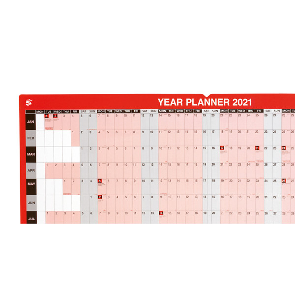 5 Star Office 2021 Year Planner Unmounted Landscape with Planner Kit 915x610mm Red