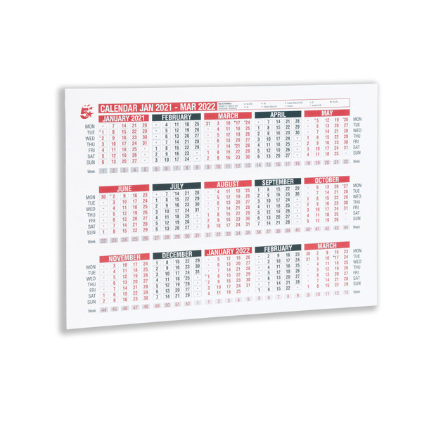 5 Star Office 2021 Wall or Desk Calendar Jan 2021-March 2022 A4 297x210mm White