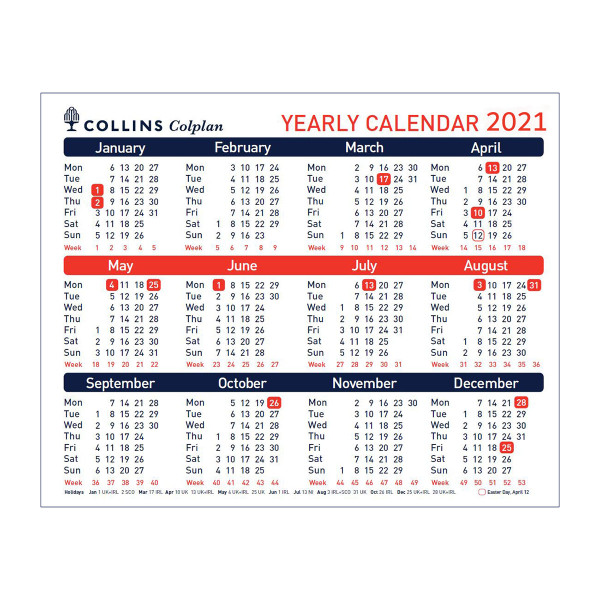 Collins 2021 Yearly Calendar for Wall or Desktop Landscape 210x260mm White Ref CDS1 2021