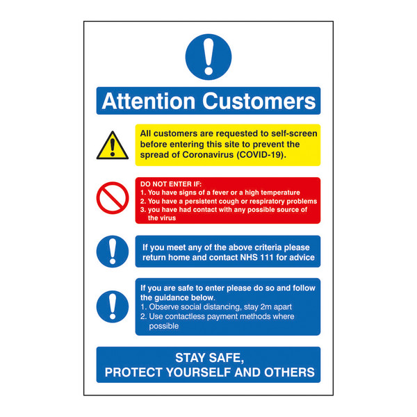 Attention Customers COVID19 Action Notice 200x300mm Semi Rigid Plastic