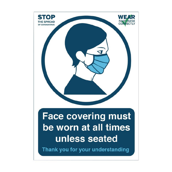 Face Covering Must Be Worn at All Times Unless Seated Vinyl Sign A4