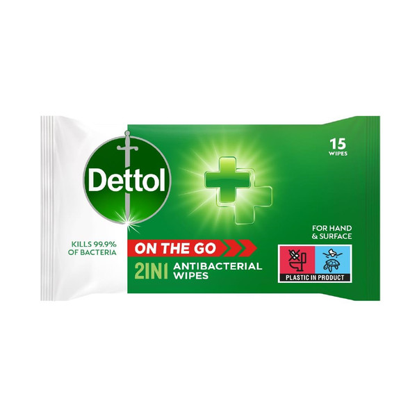 Dettol 2-in-1 Antibacterial Skin and Surface Wipes (Pack of 15)