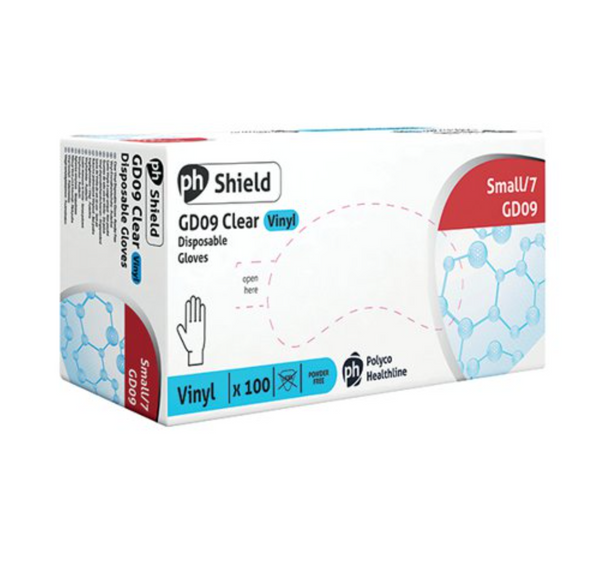 Shield Vinyl Powder-Free Gloves Small Clear (100 Pack) GD09