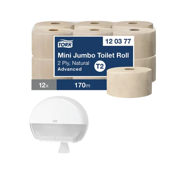 Tork Mini Jumbo 2-Ply Natural Toilet Roll (Pack of 12) + Free Tork Jumbo Toilet Roll Dispenser