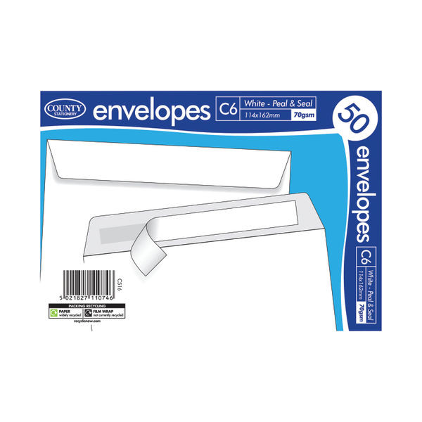 County Stationery C6 Peel and Seal Envelope x50 White 114x1162mm (Pack of 20) C516