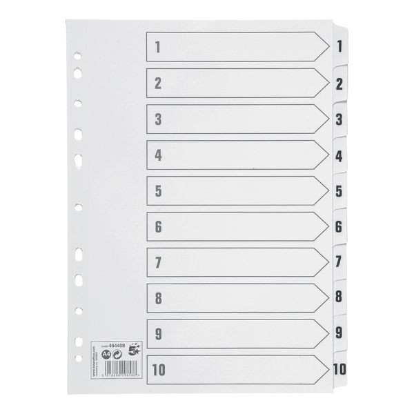 5 Star Office Index 1-10 Multipunched Mylar-reinforced Strip Tabs 150gsm A4  White