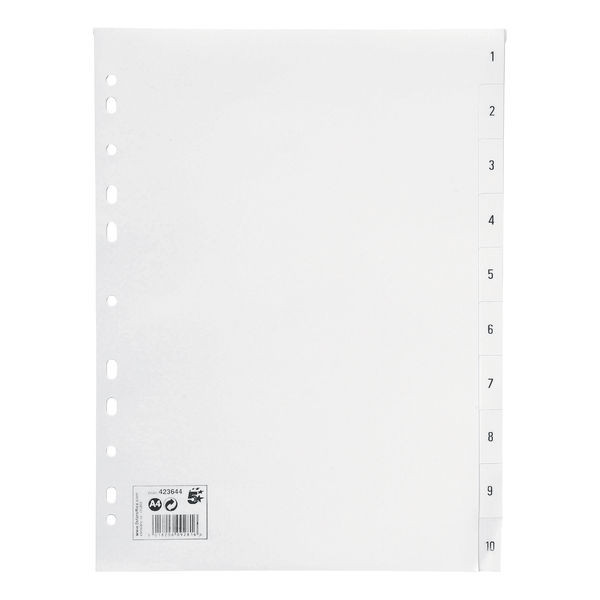 5 Star Office Index 1-10 Polypropylene Multipunched Reinforced Holes 120 Micron A4  White