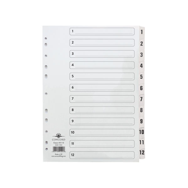 Concord Classic Index 1-12 A4 White Board With Clear Mylar Tabs 01201/CS12