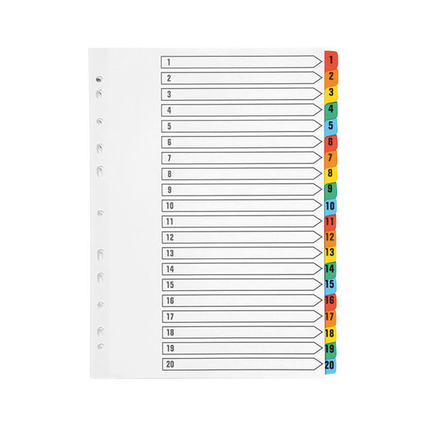 Q-Connect 1-20 Index Multi-punched Reinforced Board Multi-Colour Numbered Tabs A4 White