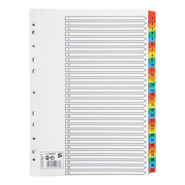 5 Star Office Index 1-31 Multipunched Mylar-reinforced Multicolour-Tabs 160gsm A4 White