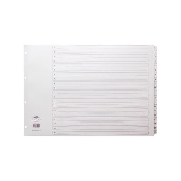 Concord Index 1-20 A3 White Board with Clear Mylar Tabs 04801/CS48 Concord Index 1-20 A3 White Board with Clear Mylar Tabs 04801/CS48