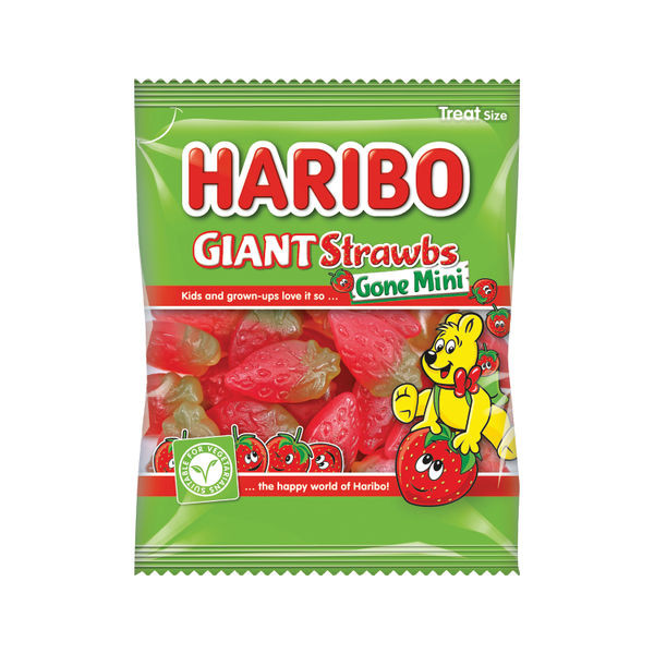 Haribo Strawbs Gone Mini Bags 16g (Pack of 100) 6954 Haribo Strawbs Gone Mini Bags 16g (Pack of 100) 6954