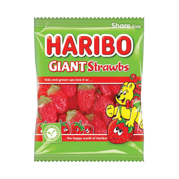 Haribo Giant Strawbs Share Size Bag 160g (Pack of 12) 095730 Haribo Giant Strawbs Share Size Bag 160g (Pack of 12) 095730