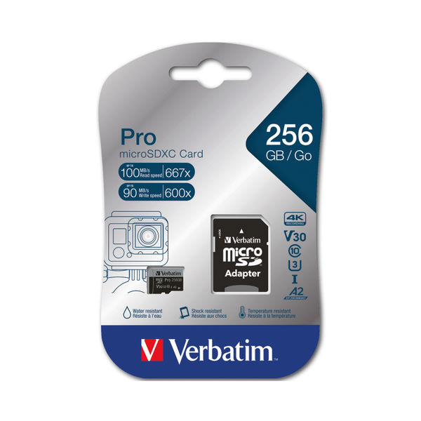 Verbatim Pro U3 Micro SDXC Memory Card 256GB with SD Adapter 47045