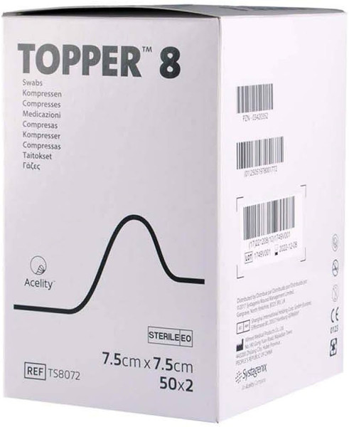 Topper 8 Sterile 4–Ply Non Woven Swabs White 5/Pouch (7.5 x 7.5 cm) (Pack of 25) Topper 8 Sterile 4–Ply Non Woven Swabs White 5/Pouch (7.5 x 7.5 cm) (Pack of 25)
