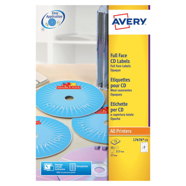 Avery White Full Face CD DVD Laser Label 2 Per Sheet (Pack of 50) L7676-25