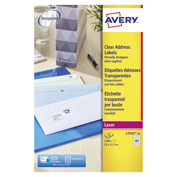 Avery Laser Mini Labels 22x12mm 48 Per Sheet Clear (Pack of 1200) L7553-25