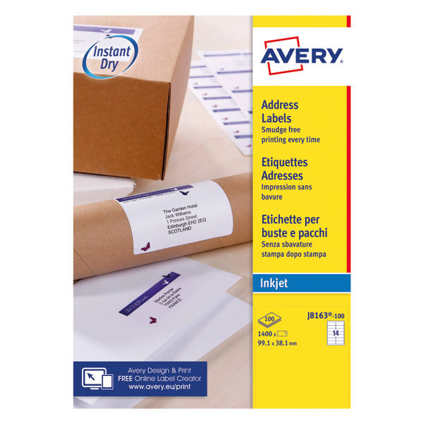 Avery Inkjet Address Labels QuickDRY 99.1x38.1mm 14 Per Sheet White (Pack of 1400) J8163-100