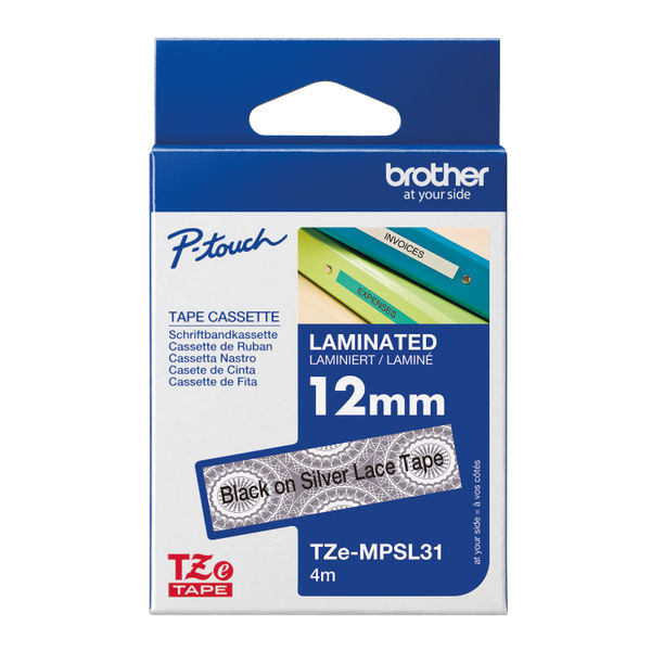 Brother P-Touch TZe Lam Tape Cassette 12mm x 4m Black On Silver Lace Pattern TZEMPSL31