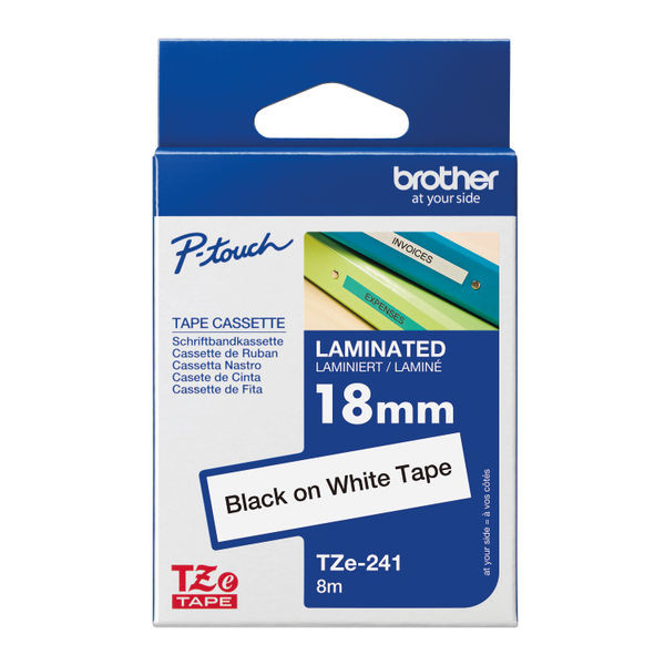 Brother P-Touch TZe Lam Tape Cassette 18mm x 8m Black on White Tape TZE241