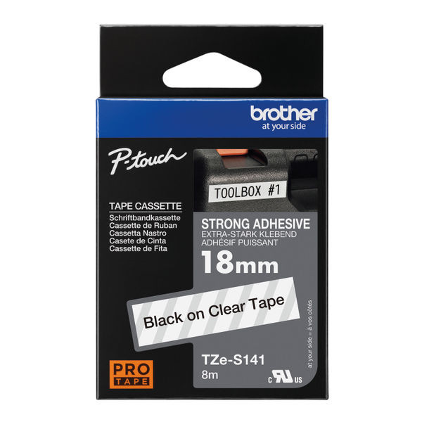 Brother P-Touch TZe Lam Tape Cassette 18mm x 8m Black on Clear Tape TZES141