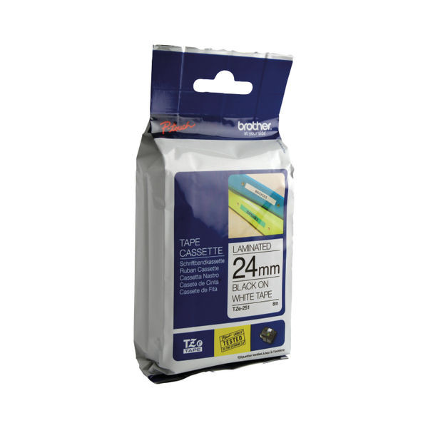 Brother P-Touch TZe Lam Tape Cassette 24mm x 8m Black on White Tape TZE251