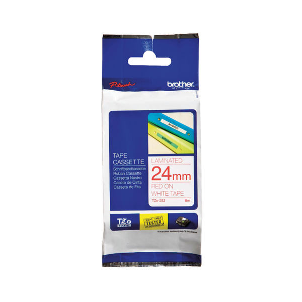 Brother P-Touch TZe Lam Tape Cassette 24mm x 8m Red on White Tape TZE252